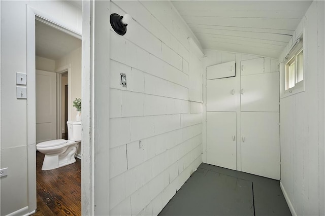 interior space featuring dark wood-type flooring and vaulted ceiling