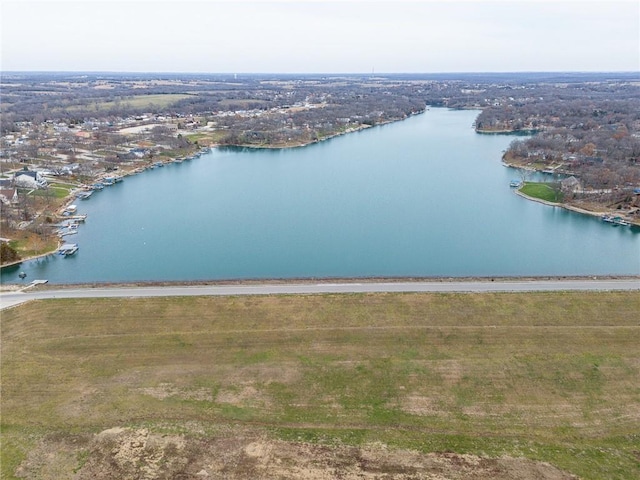 drone / aerial view with a water view