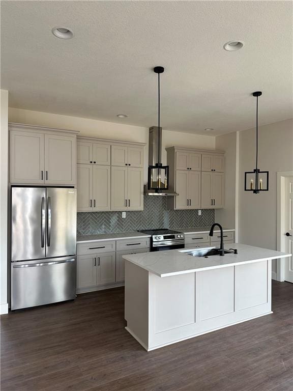 153 S Linn Valley Dr, Linn Valley, KS 66040 - kitchen featuring appliances with stainless steel finishes, a sink, wall chimney range hood, decorative backsplash, and light countertops