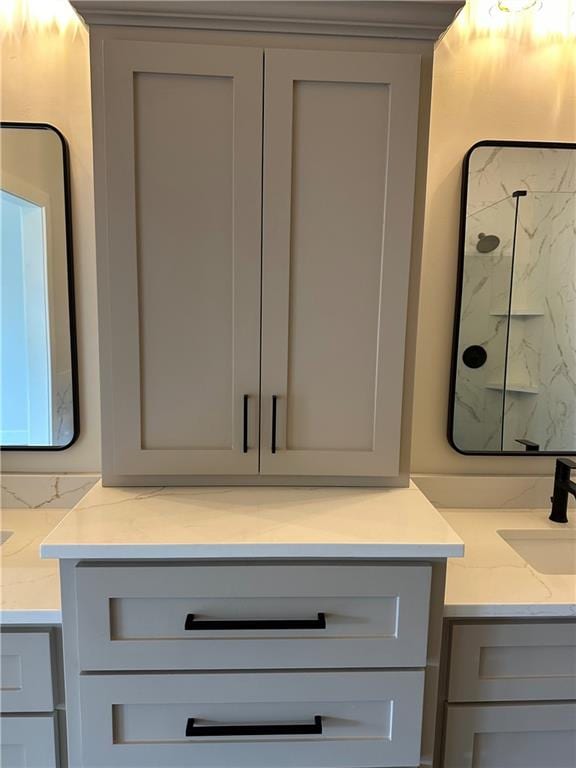 153 S Linn Valley Dr, Linn Valley, KS 66040 - bathroom view of a marble finish shower, vanity, and tasteful backsplash