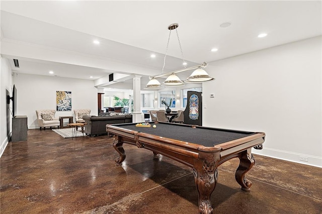 rec room featuring baseboards, finished concrete floors, recessed lighting, and ornate columns