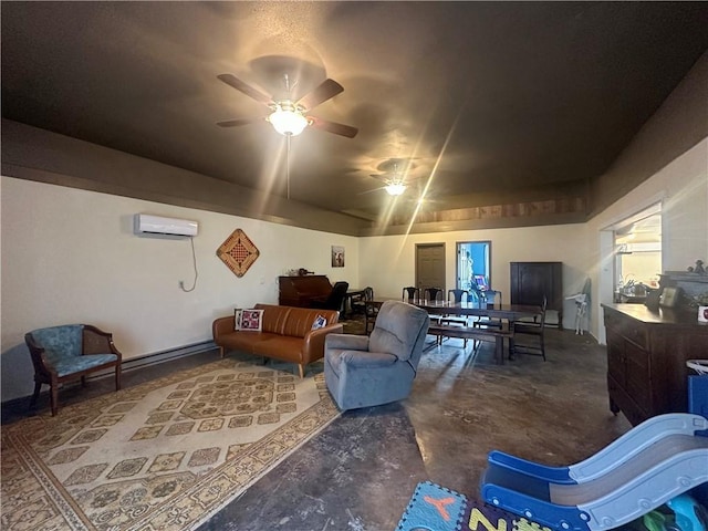 living area with unfinished concrete floors, a ceiling fan, and a wall mounted air conditioner