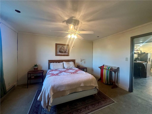 carpeted bedroom with baseboards, ceiling fan, and crown molding