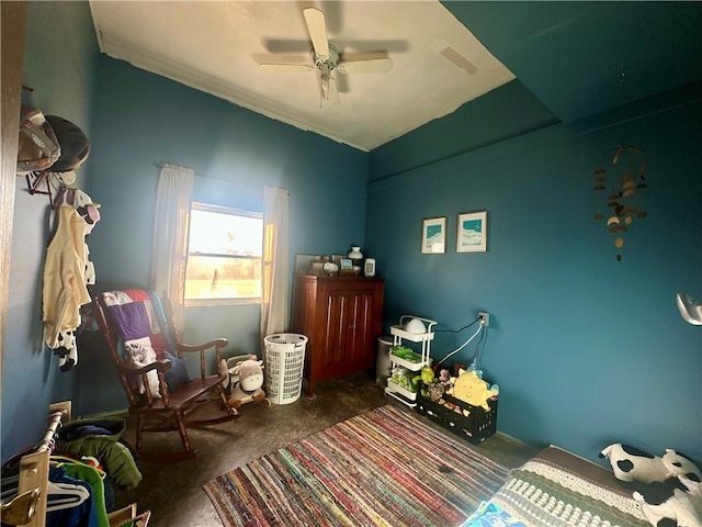 bedroom featuring a ceiling fan, visible vents, and concrete floors