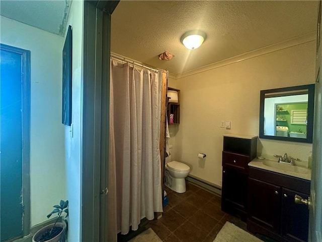 bathroom featuring vanity, a baseboard radiator, tile patterned flooring, a textured ceiling, and toilet