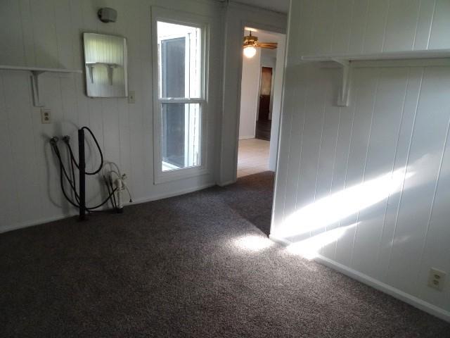 unfurnished room featuring ceiling fan and carpet flooring