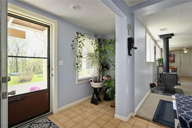 interior space with a wood stove and a wealth of natural light