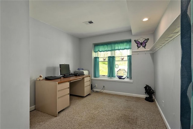 home office featuring light carpet