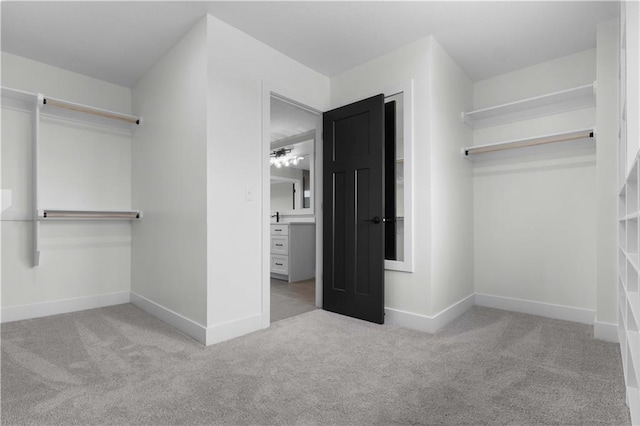 spacious closet featuring light colored carpet