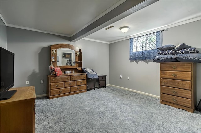 carpeted bedroom featuring beamed ceiling and crown molding