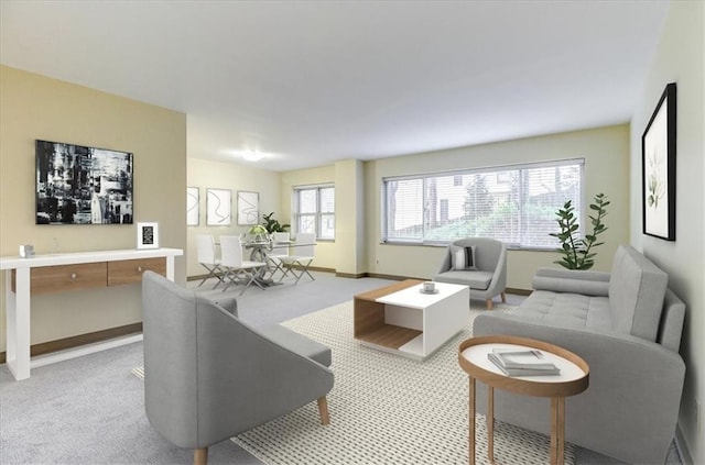 living room featuring a wealth of natural light and light colored carpet