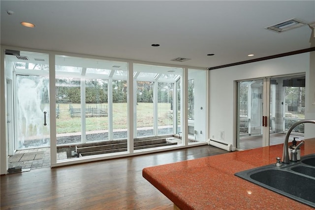 entryway featuring dark hardwood / wood-style flooring, sink, a wall of windows, and baseboard heating