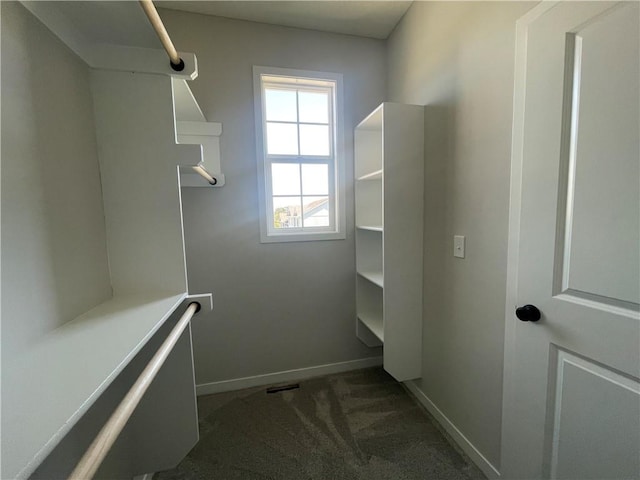 walk in closet featuring dark colored carpet