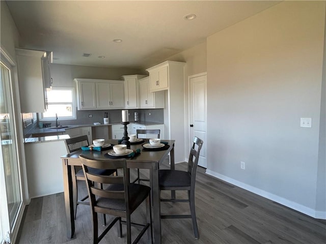 dining space featuring dark hardwood / wood-style flooring and sink