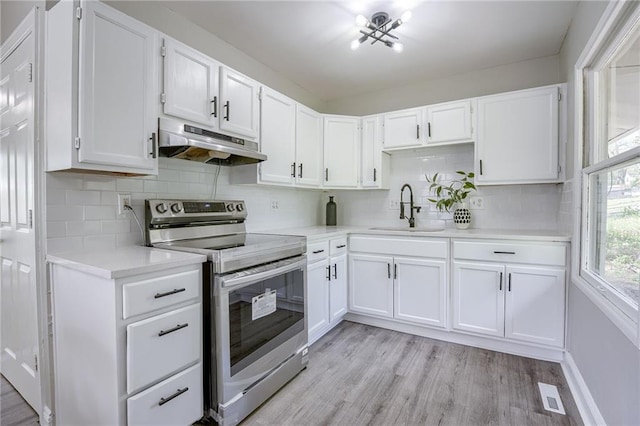 kitchen featuring white cabinets, sink, light hardwood / wood-style floors, backsplash, and stainless steel range with electric cooktop