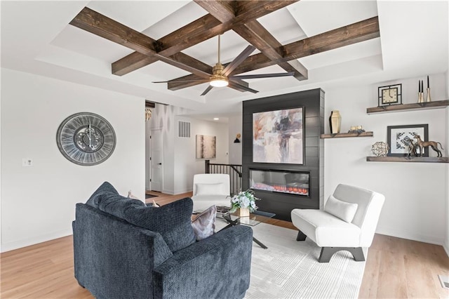 living area with baseboards, visible vents, coffered ceiling, and light wood finished floors