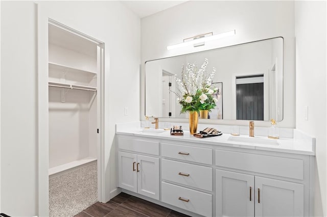 full bath featuring a spacious closet, wood finished floors, double vanity, and a sink
