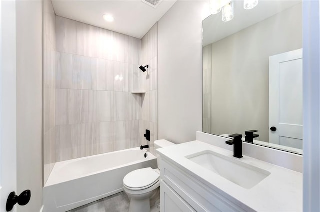 full bath with toilet, shower / tub combination, and vanity