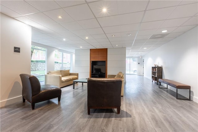 living room featuring a drop ceiling and hardwood / wood-style flooring