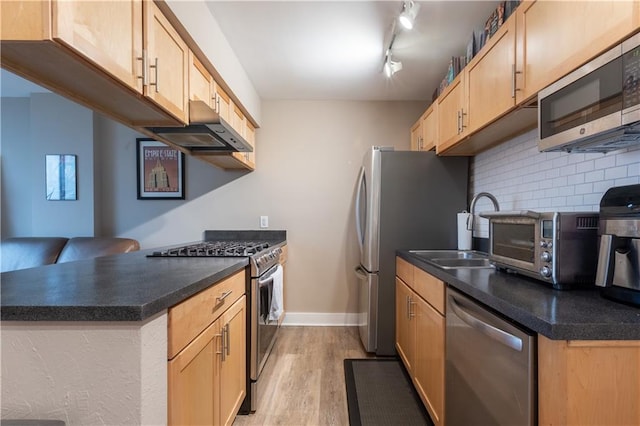 kitchen featuring light wood-type flooring, light brown cabinets, appliances with stainless steel finishes, tasteful backsplash, and track lighting