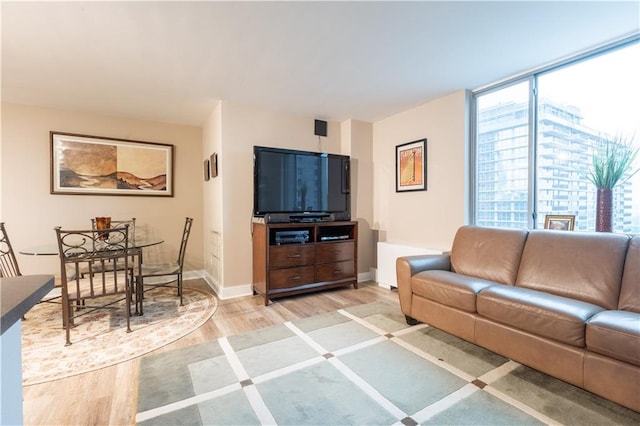 living room with light hardwood / wood-style floors and expansive windows