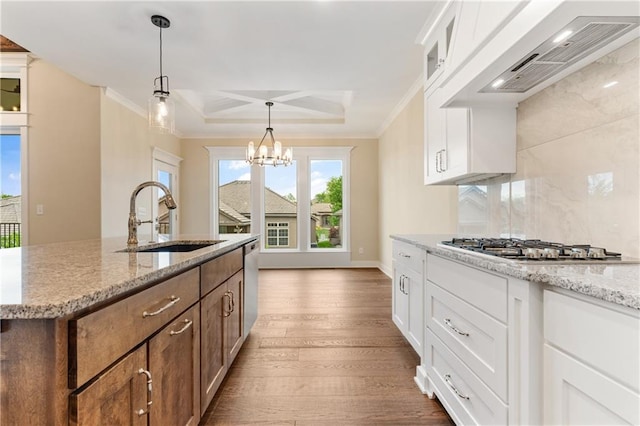 kitchen with sink, hardwood / wood-style flooring, custom range hood, and white cabinetry