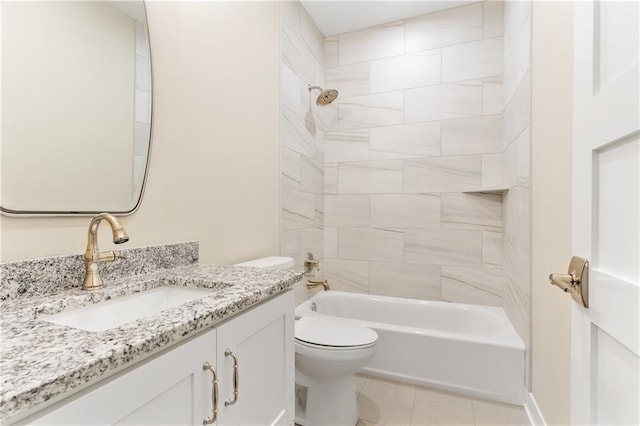 full bathroom with tiled shower / bath combo, vanity, toilet, and tile flooring