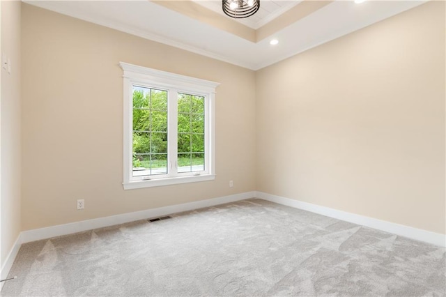 carpeted empty room with a raised ceiling