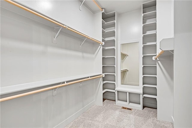 walk in closet with light carpet