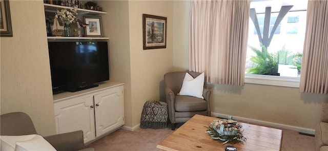 living area featuring light colored carpet