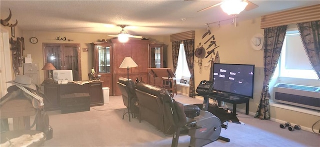 carpeted living room with ceiling fan