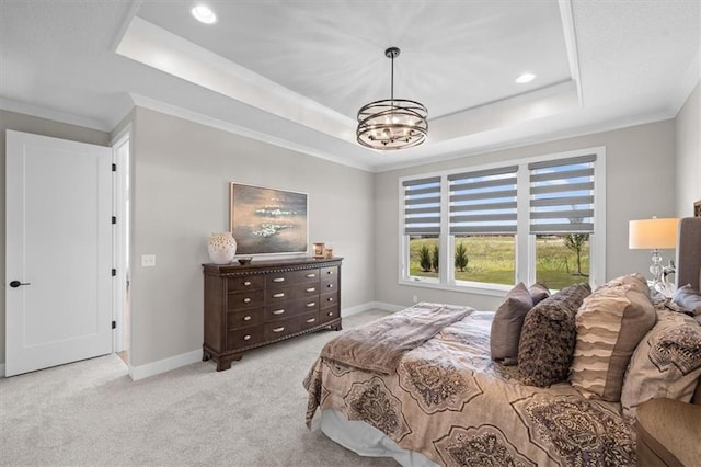 bedroom featuring light carpet, crown molding, a raised ceiling, and a chandelier