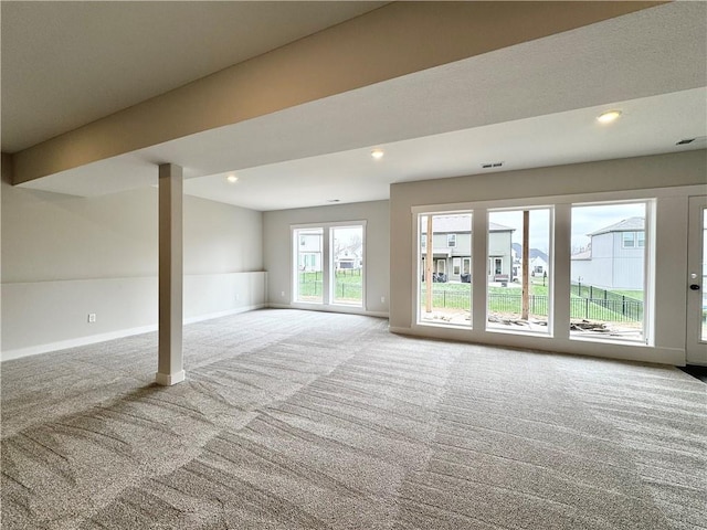 interior space featuring visible vents, carpet flooring, recessed lighting, and baseboards