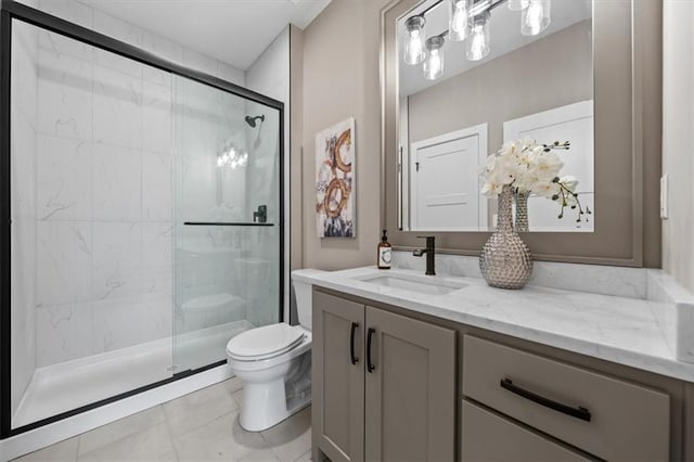 full bathroom with toilet, a stall shower, tile patterned floors, and vanity
