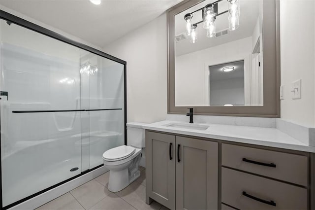bathroom with vanity, toilet, tile patterned floors, a stall shower, and visible vents