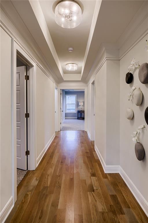 corridor with dark carpet and a tray ceiling