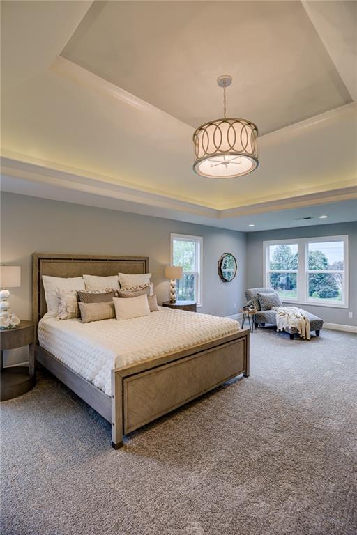 carpeted bedroom with a tray ceiling