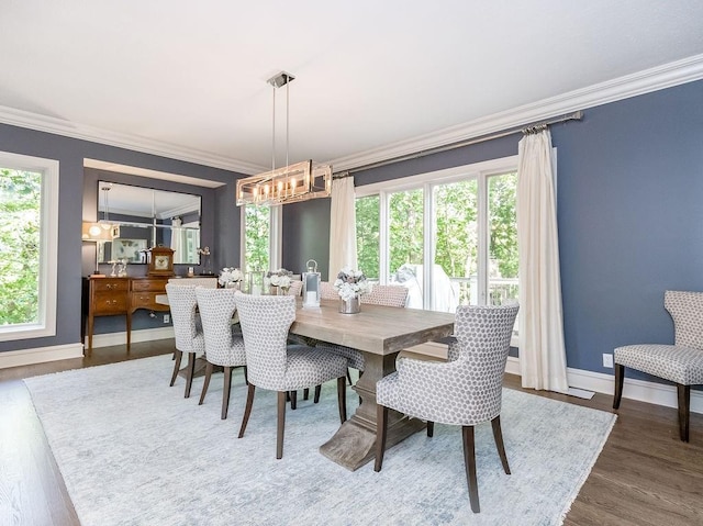 dining area featuring hardwood / wood-style floors, crown molding, and a wealth of natural light