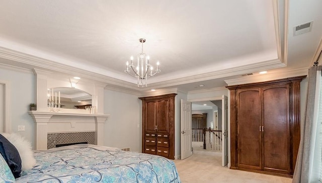 carpeted bedroom featuring an inviting chandelier, crown molding, and a raised ceiling