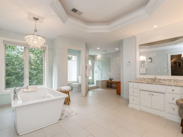 full bathroom featuring toilet, crown molding, vanity, a raised ceiling, and independent shower and bath