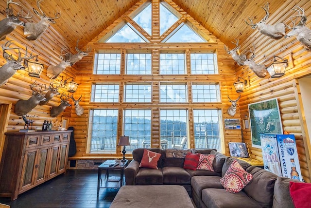 living room featuring high vaulted ceiling, wooden ceiling, and dark wood-type flooring