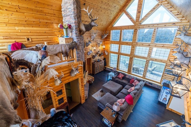 living room featuring wood ceiling, dark hardwood / wood-style floors, log walls, and high vaulted ceiling