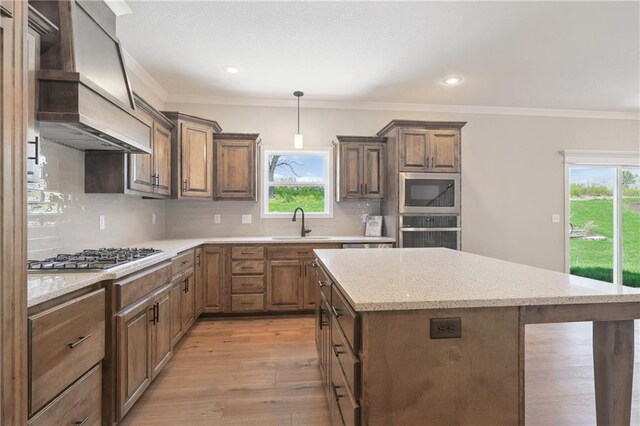 kitchen featuring appliances with stainless steel finishes, light hardwood / wood-style flooring, custom exhaust hood, decorative backsplash, and light stone counters