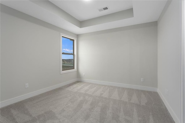 unfurnished room with carpet flooring and a raised ceiling