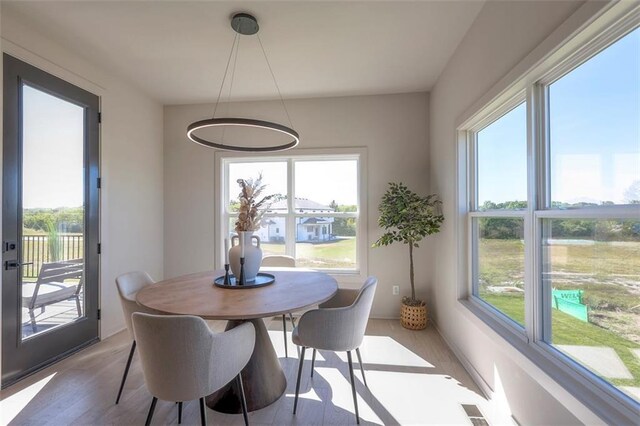 dining area featuring light hardwood / wood-style flooring and a water view