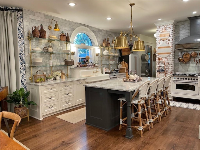 kitchen with high end appliances, dark wood-type flooring, custom exhaust hood, light stone counters, and white cabinets