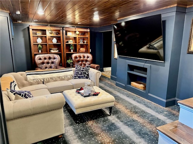 interior space featuring wooden ceiling, built in shelves, and carpet flooring