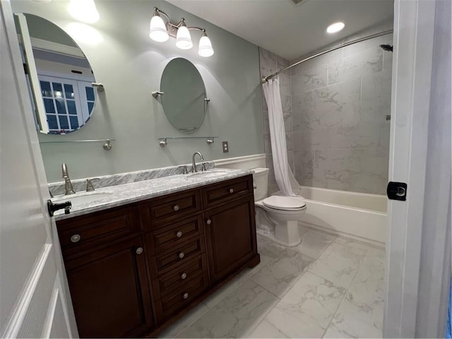 full bathroom with shower / bath combo with shower curtain, large vanity, double sink, tile flooring, and toilet