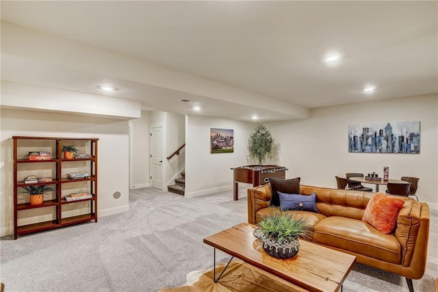 living room featuring light carpet, baseboards, visible vents, stairway, and recessed lighting