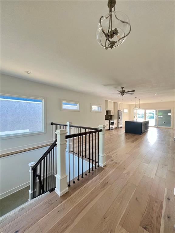 staircase featuring hardwood / wood-style floors and ceiling fan with notable chandelier